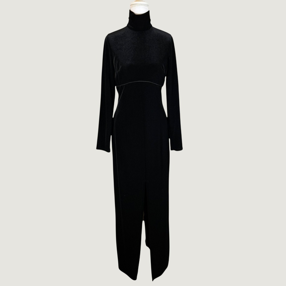 Scott McClintock Vintage Black Velvet Turtleneck Maxi Dress Front Slit Womens 8